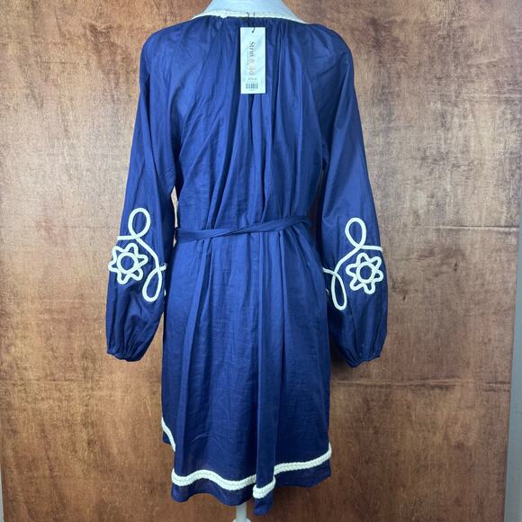 Strut & Bolt SMALL navy blue long sleeve mini dress braid embroidery pockets - Picture 2 of 10